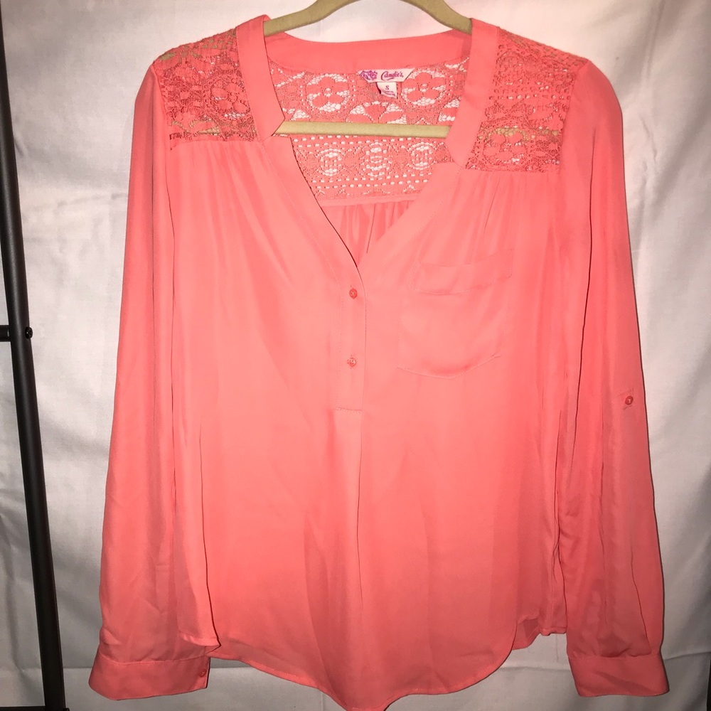 Candie’s Lace Back Button-Up Coral Blouse